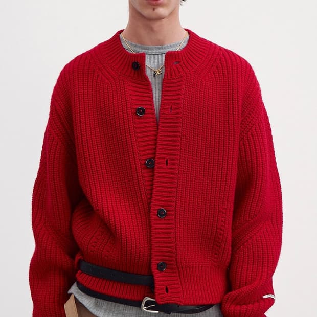 렉토 청키 울 크롭 니트 가디건 레드 M