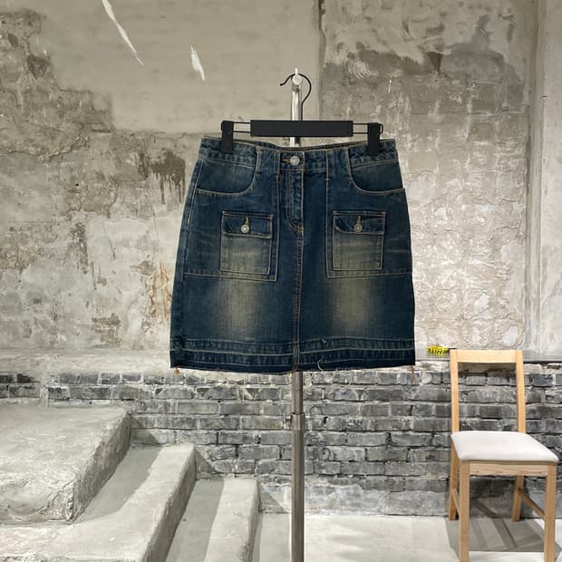 smex jeans 중청 워싱 포켓 신치백 미디스커트