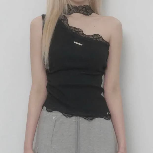 에트오소메 레이스 원숄더 탑 (블랙)