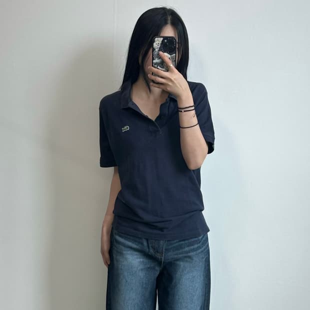 라코스테 자수로고 네이비 피케 반팔 카라 티셔츠