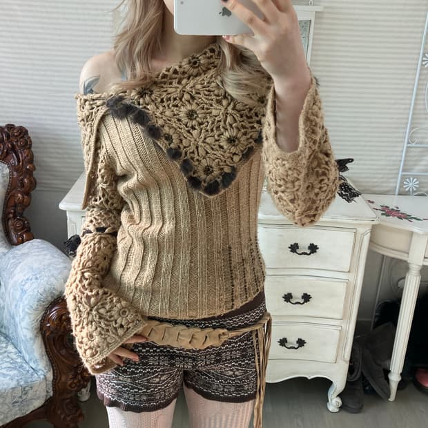 jpn vintage camel forest crochet knit