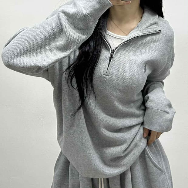 *큐알택 폴로 랄프로렌 큐알택 그레이 풀오버 하프집 코튼 니트 반집업(X