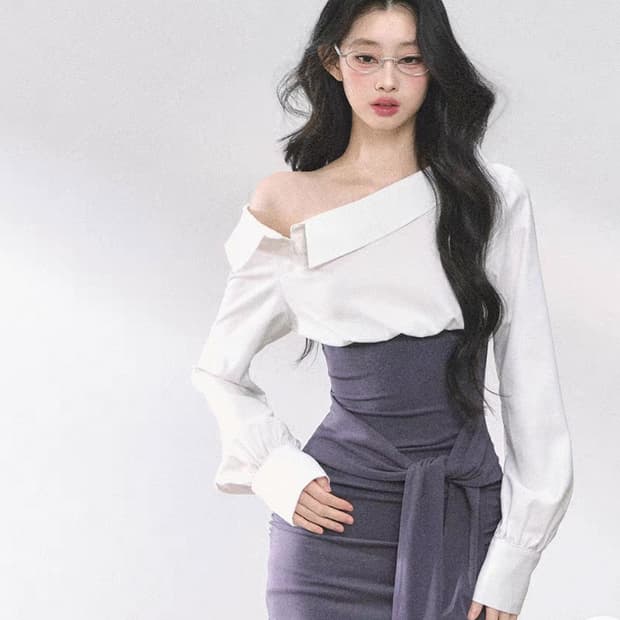 [중국브랜드] 와이셔츠 레이어드 오프숄더 리본 탑 / 오피스 발레코어