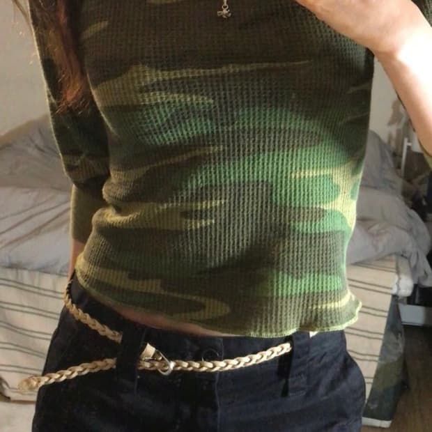 빈티지 카모 슬림 슬리브 긴팔 티셔츠