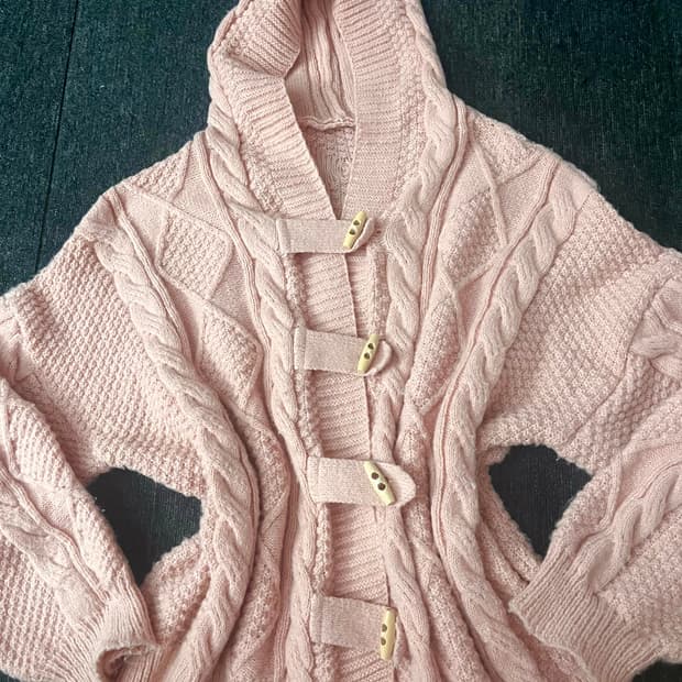 핑크 꽈배기 후드 떡볶이 니트 가디건