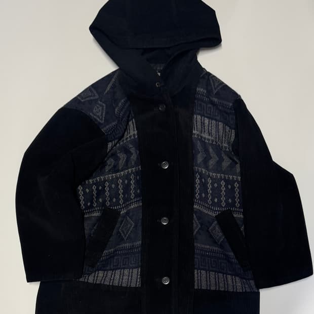 희귀!! 공용 빈티지 패턴 코듀로이 버튼 후드 자켓 L