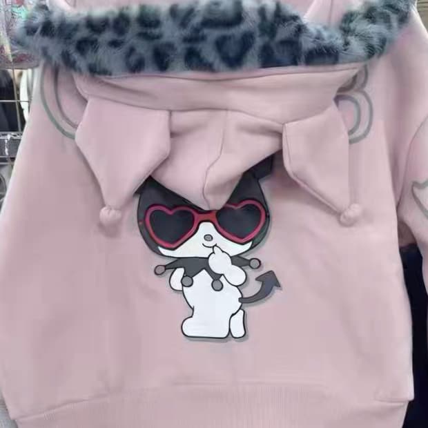미사용) 세실맥비 산리오 콜라보 쿠로미 호피 퍼 핑크 갸루 후드집업