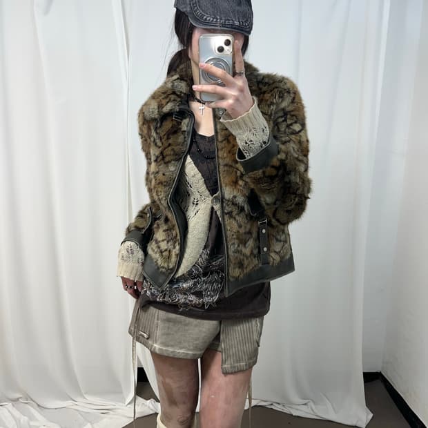 카키 브라운 믹스 래빗퍼 자켓 (양가죽/래빗퍼)