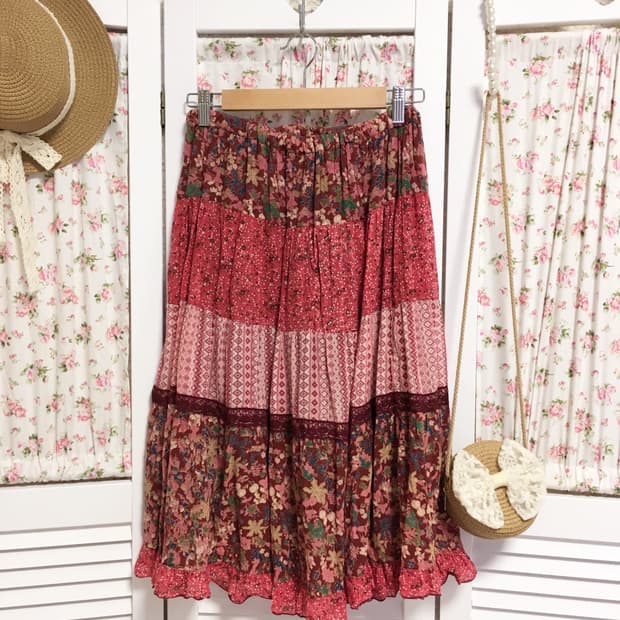 빈티지 하구미 히피모리 자두 패턴 스커트