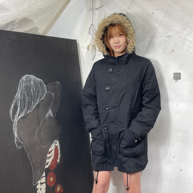 일본빈티지 COLZA 울프죠 퍼 후드 야상 개파카 자켓 L