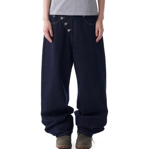 Oblique Button Denim Pants (Dark Blue)