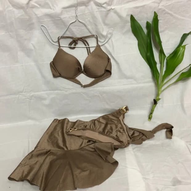 빈티지 새틴 브라운 프릴 비키니 스커트 수영복 세트