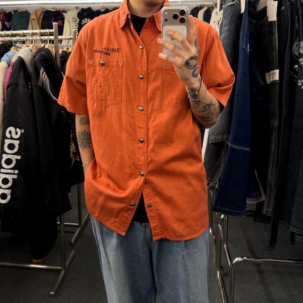 L)할리데이비슨 vintage 자수 디테일 오렌지 워크 반팔셔츠