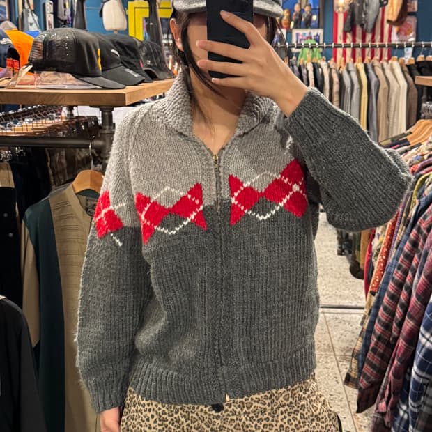 vintage 빈티지 아가일 배색 니트 집업