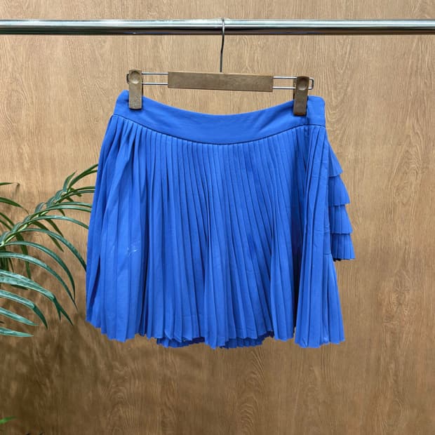 모스키노 진스 플리츠 미니 스커트 언밸런스 레이어드 디테일 플레어핏 블루