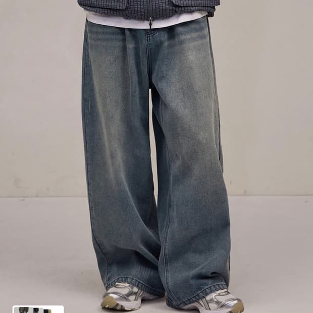 데미지 워시드 데님 팬츠-미디엄 블루