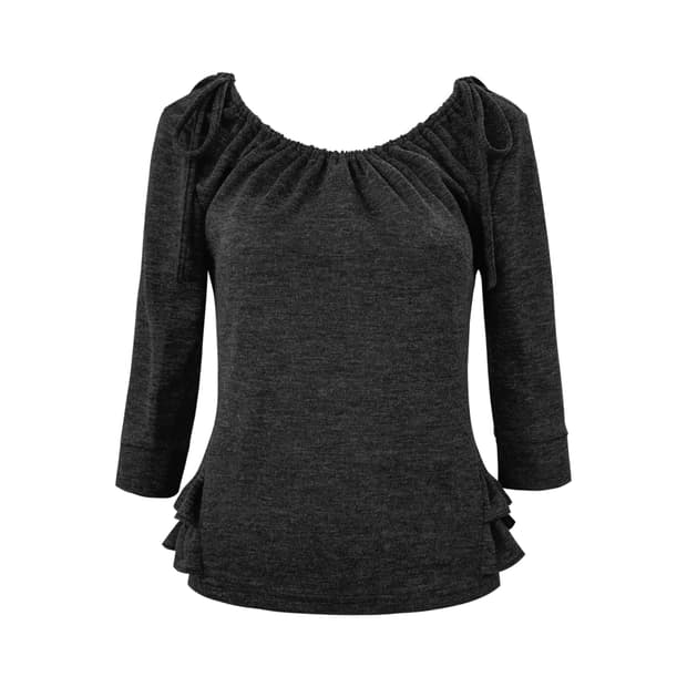 SHIRRED MID-SLEEVE FRILL TOP (CHARCOAL)