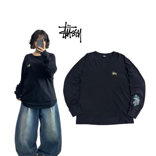  스투시 용 드래곤 프린팅 롱슬리브 블랙