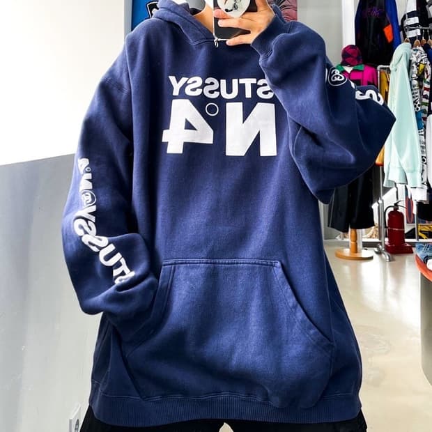 스투시 90s No.4 오버사이즈 네이비 스웻 후드티