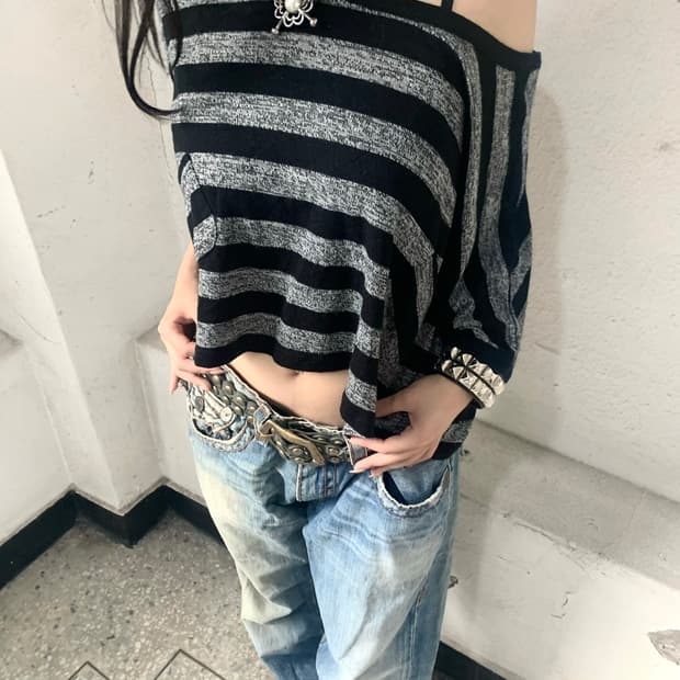 Stripe One-Shoulder Knit Top