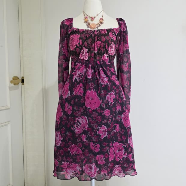 베네통 빈티지 보헤미안 플로럴 스모크밴딩 로맨틱 셔링원피스