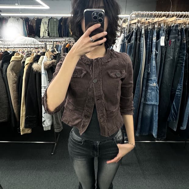 M)A.M.I 빈티지 여성 논카라 브라운 코튼 자켓