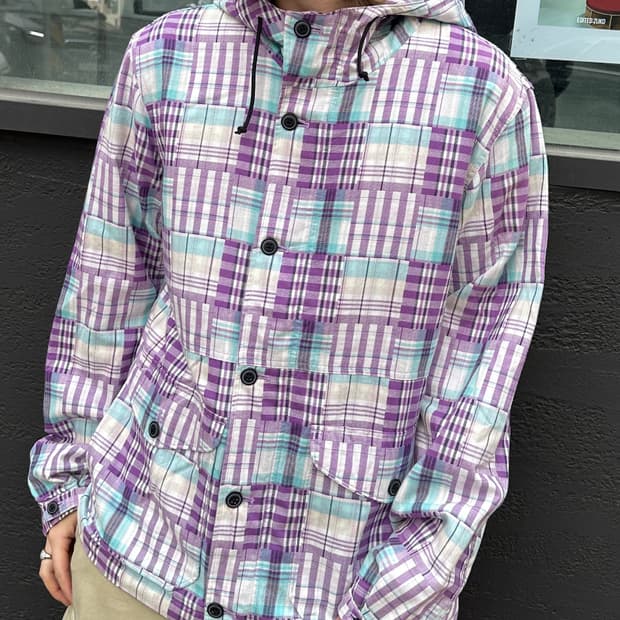 글로벌 워크 퍼플 체크 후드 파카