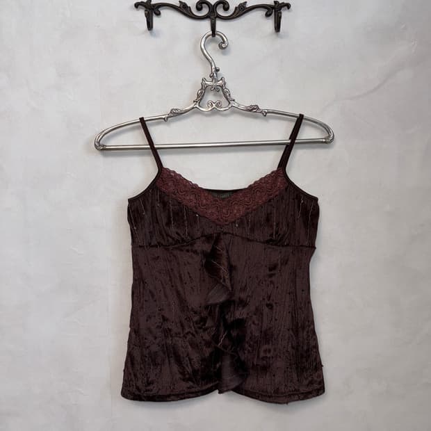 Dark brown velvet ruffle lace sleeveless