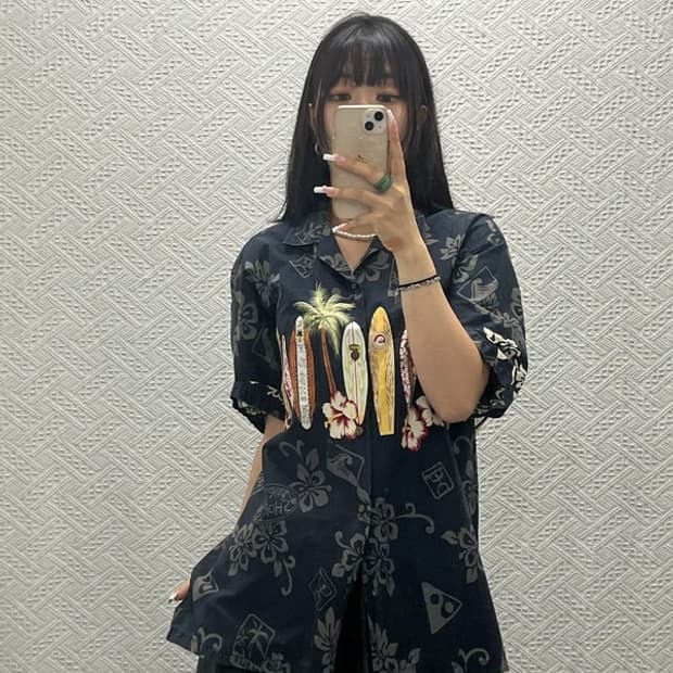 빈티지 레트로 키치 하와이안 서핑보드 반팔 셔츠 105 C13692
