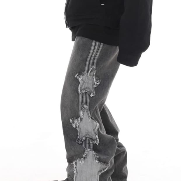 레블 스타 스트라이프 패치 와이드 데님 팬츠 블랙