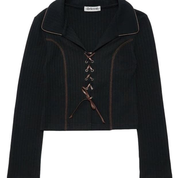 델리센트 레이스업 스티치 티셔츠 탑 블랙