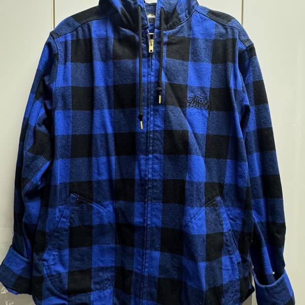 스투시 블루 깅엄체크 후드집업