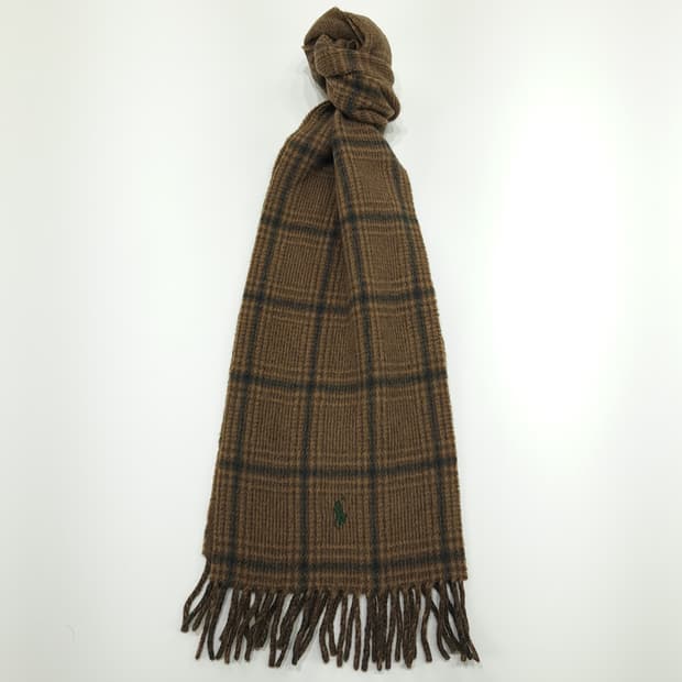 MX221 폴로 랄프로렌 브라운 체크 헤링본 버진울 양면 목도리 머플러