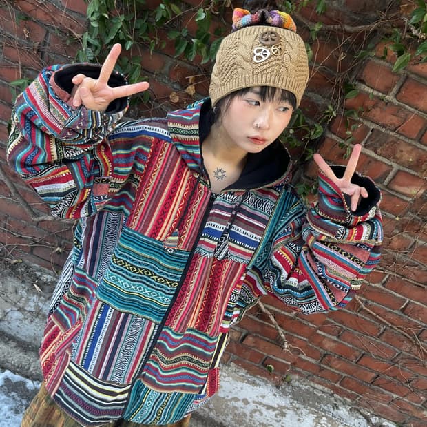 히피 패치 후드 집업 아우터