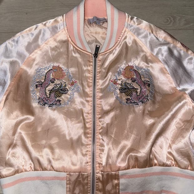 JUNIORSWEET 핑크 용 자수 빈티지 스카잔 자켓