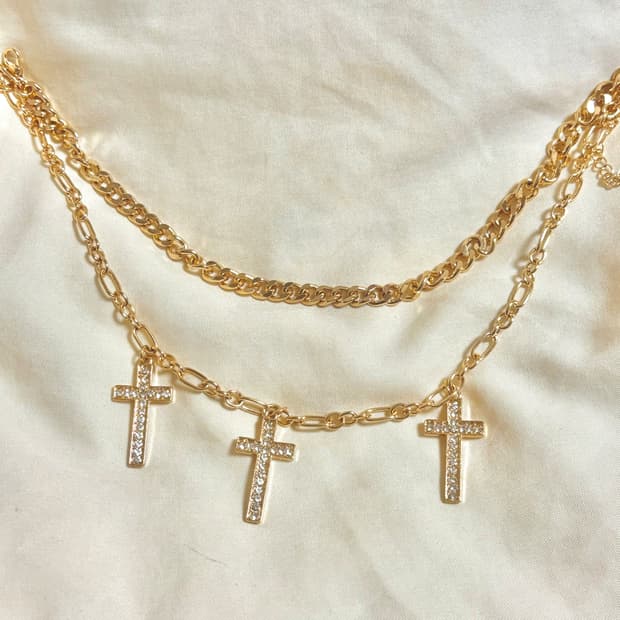 오네갸루 십자가 멀티챰 레이어드 목걸이 골드 체인 빈티지