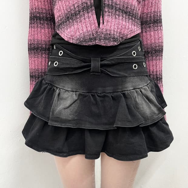 블랙 워싱 리본 큐롯 스커트