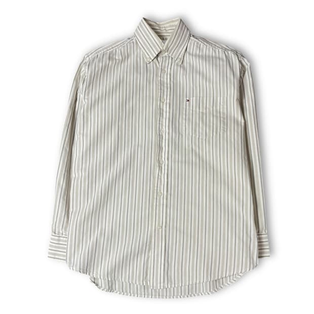 타미힐피거 아이보리 베이지 스트라이프 원포켓 긴팔 셔츠 M