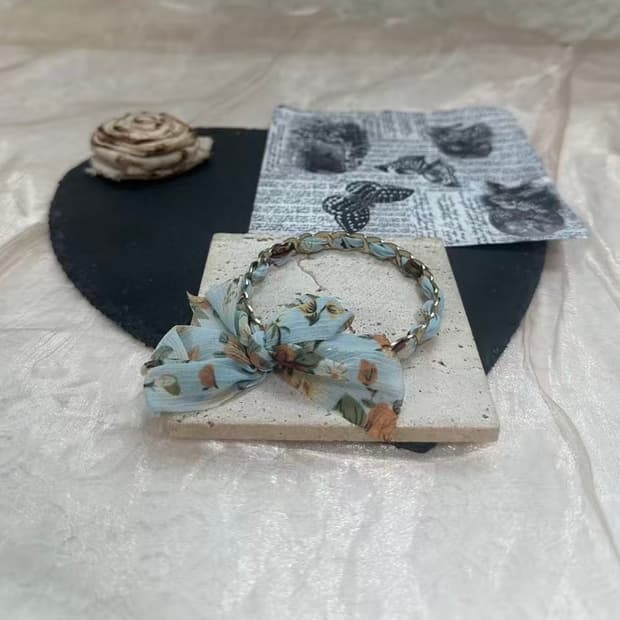 빈티지 꽃무늬 망사 리본 쿠바체인 팔찌