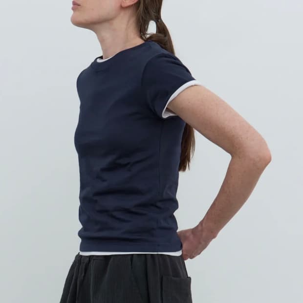 포저 캡 슬리브 라운드 티셔츠 ( 네이비 )