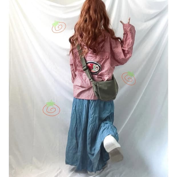 곰돌이 패치 체크 바람막이, 와이드 팬츠