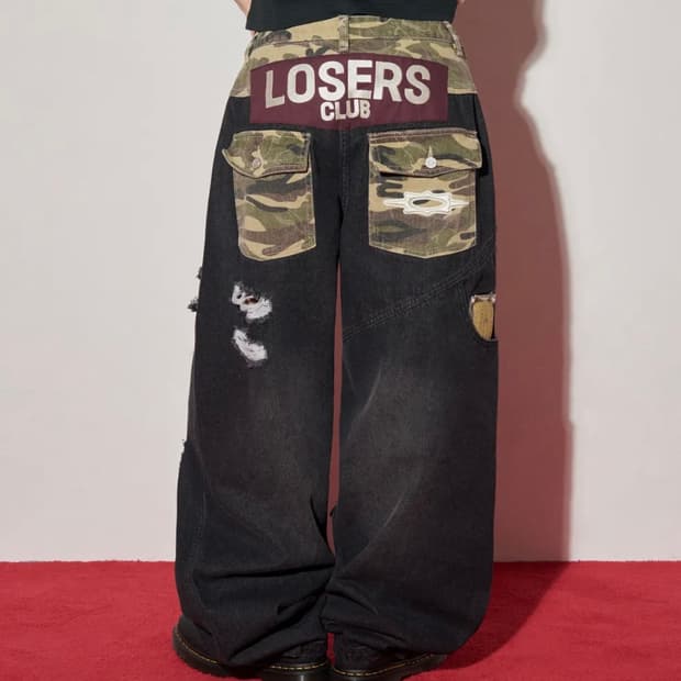 카모 믹스 데미지 와이드 데님팬츠 black