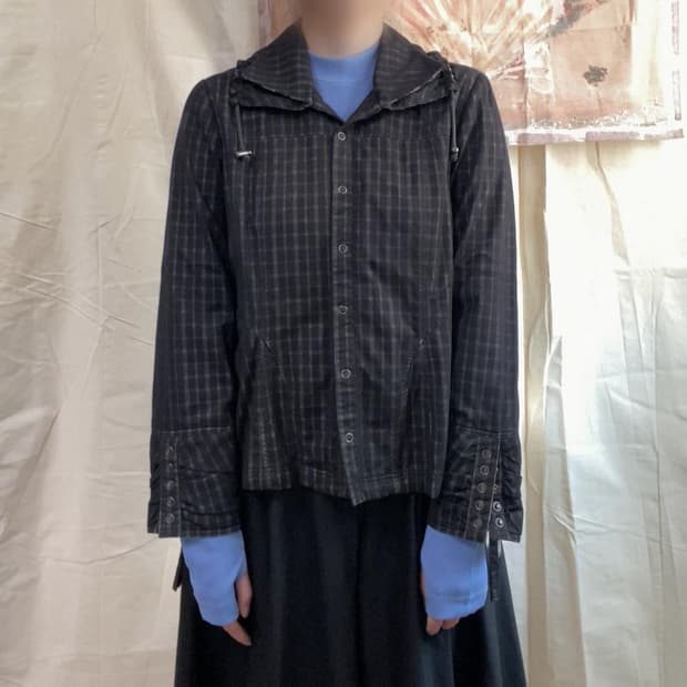 메쉬 레이어드 체크 셔츠 자켓