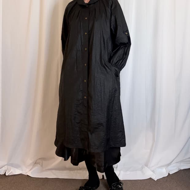 Nylon Raglan Long Coat - Black