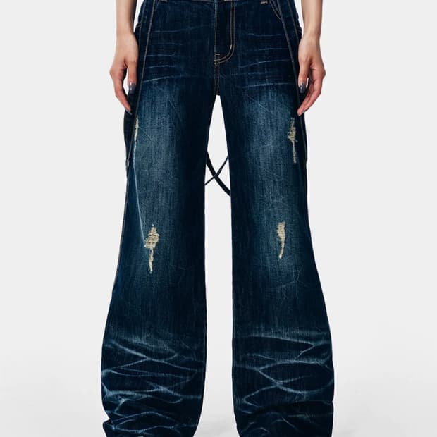 yeel CROSS STRAP FADED DENIM PANTS BLUE