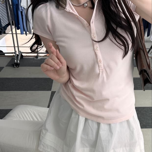 버버리 노바체크 퍼프소매 연핑크 카라 티셔츠
