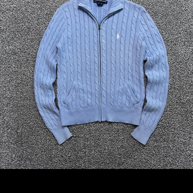 폴로 화이트포니 하늘색 꽈배기 니트집업
