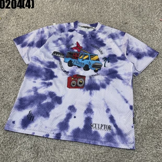 [L] 스컬프터 그래픽 타이다이 메쉬 퍼플 반팔 티셔츠 0204(4)