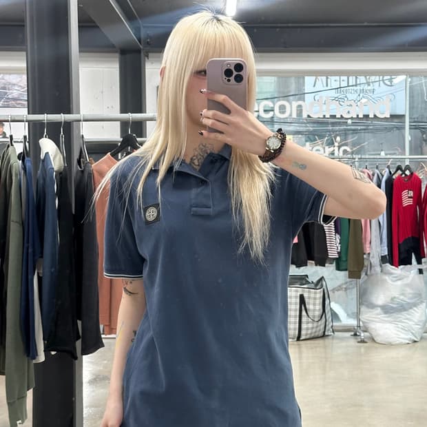 스톤아일랜드 로고 패치 카라 반팔티 블루