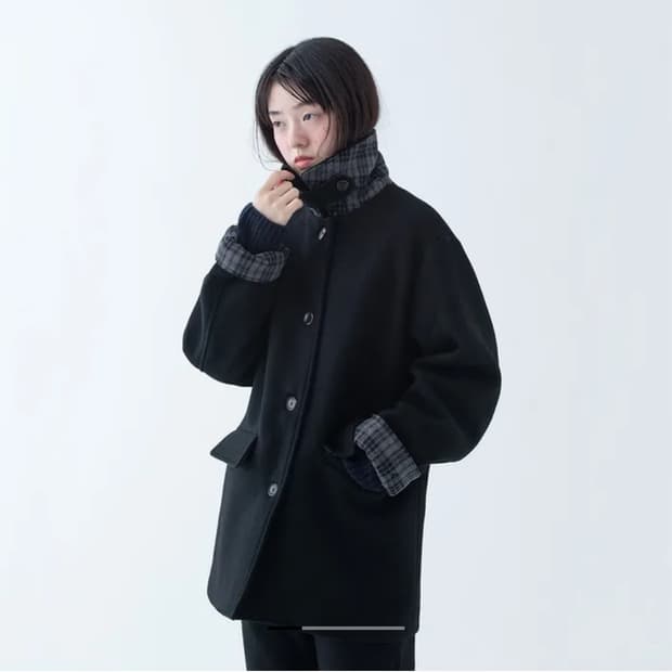 오헤시오 체크 하프 울 코트 블랙